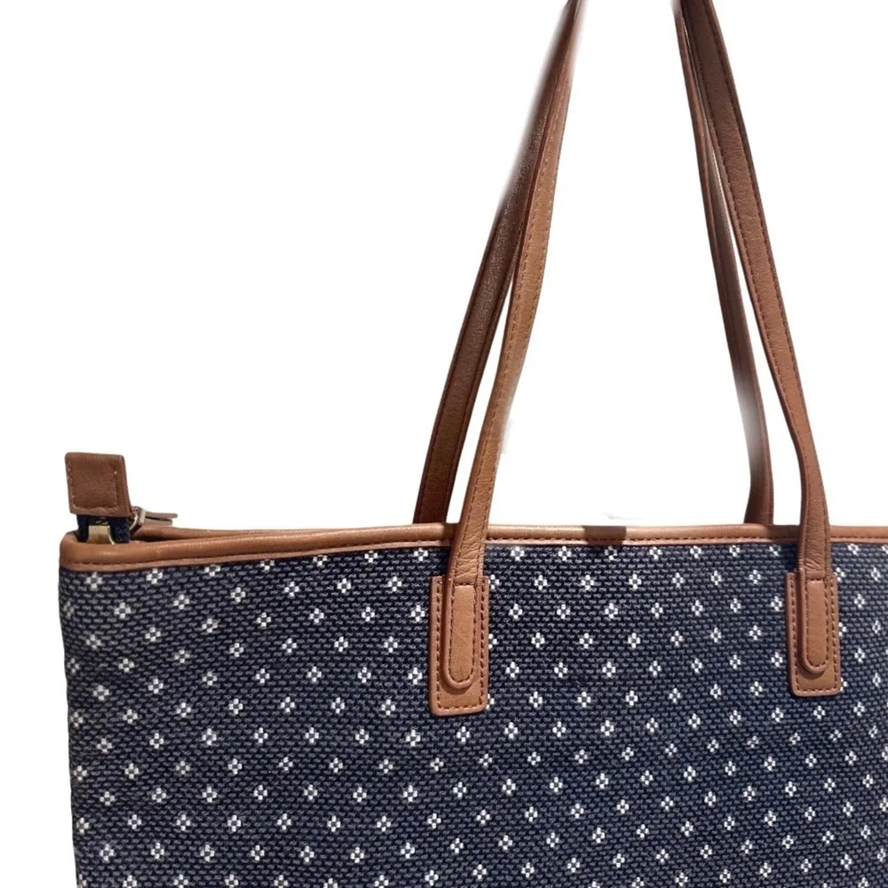 Talbots Woven Large Zip Tote Faux Leather Trimmed Nautical Blue White Dots EUC